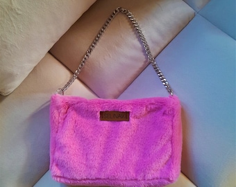 Soft Teddy Plush Vegan Faux Fur Candy Pink Bag with Chain Handle