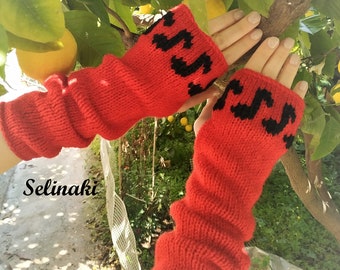Knit Music Notes Long Fingerless Gloves Red Wrist Warmers