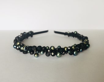 Handmade Black headband - black crystals.