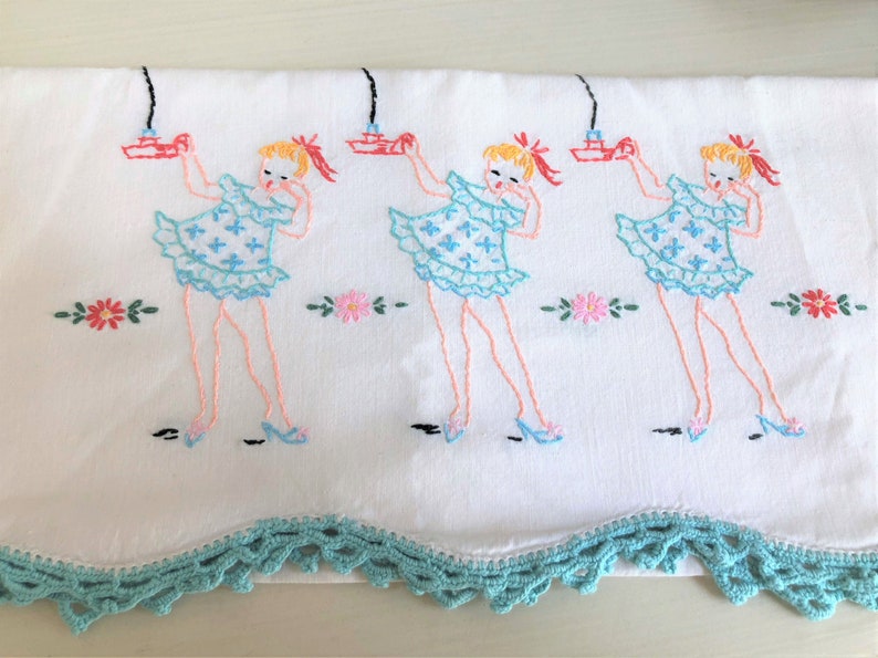 Vintage Embroidered Pillow Cases Sleepy Time Girls Crocheted Etsy