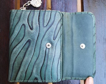 Vintage Green Leather Wallet, Card Holder, Zipper, Magnet Closure