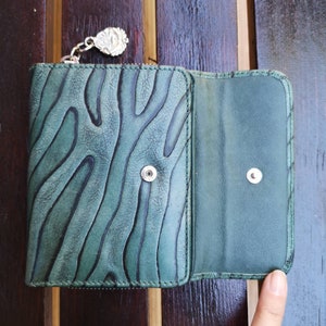 Cartera de cuero vintage, soporte de tarjeta, billetera verde, billetera de cuero pequeño vintage, sección de cremallera, billetera más cercana imán, accesorios de cuero