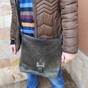 sac vintage En cuir Messenger, Grand sac en cuir vert foncé authentique, sac à bandoulière, sac Messenger, sac vert foncé pour homme