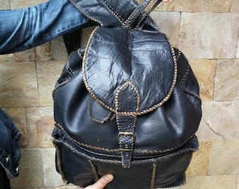 Vintage Leather backpack, black backpack, travel bag, student backpack, Unique leather backpack.  Portable backpack, black leather backpack