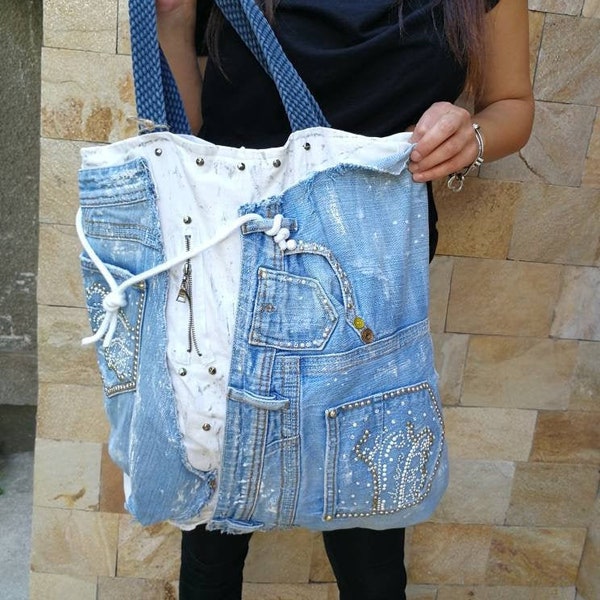 Riesige Recycling-Denim-Tasche, handgefertigt auf Bestellung, handgemachte Denim-Tasche, Jeans-Tasche, Upcycled Denim, lässige Schultertasche, Alltagstasche, Designer-Tasche