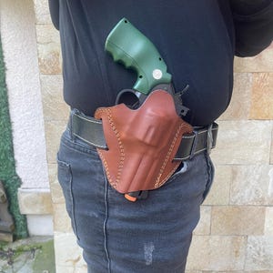 Custom made holster for 4 Inch revolvers, Open bottom pancake style, Belt Holster, real Leather, Smith Wesson 38. & 3.57
