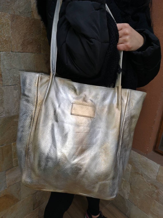 Gray and Gold Leather Bag, hand painted bag, shoul