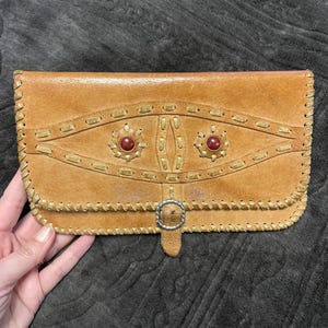 Vintage Leather Clutch, 70s Orange Leather Handbag, Old Vintage Woman Purse, Tooled Leather Brass Clutch, Checkbook Holder