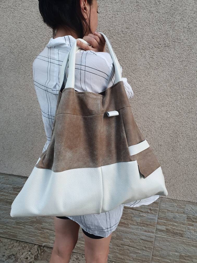 Große braune und weiße LederTasche Shopper Braune | Etsy