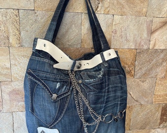 Sac fourre-tout en denim recyclé • Sac à bandoulière en jean fait main • Sac à main unique pour tous les jours