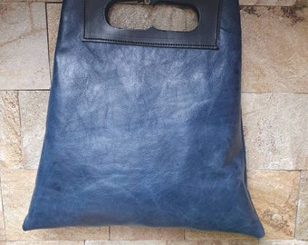 Blue leather tote, hand made  tote, simple leather tote,everyday leather tote,leather bag, stylish bag,casual leather hand bag, blue bag