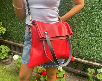 Czerwona skórzana torebka na ramię – miękka torebka na ramię w stylu boho dla kobiet