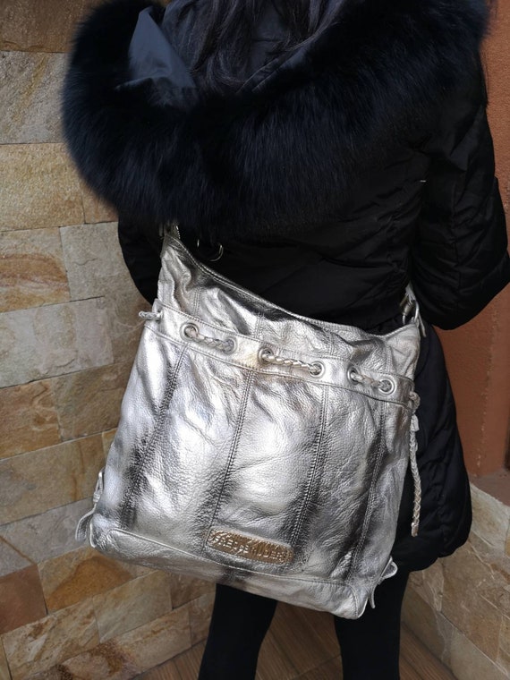 Gray and Gold Leather Bag, hand painted bag, shoul