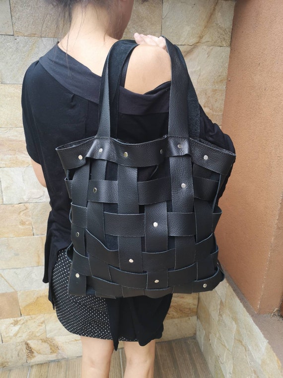 Handmade Woven Black Leather Tote Bag, Silver Hardware