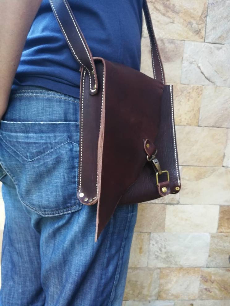 Hand Made Leather Messenger Bag Unique Brown Leather Etsy