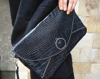 Handmade Blue Leather Envelope Clutch Bag