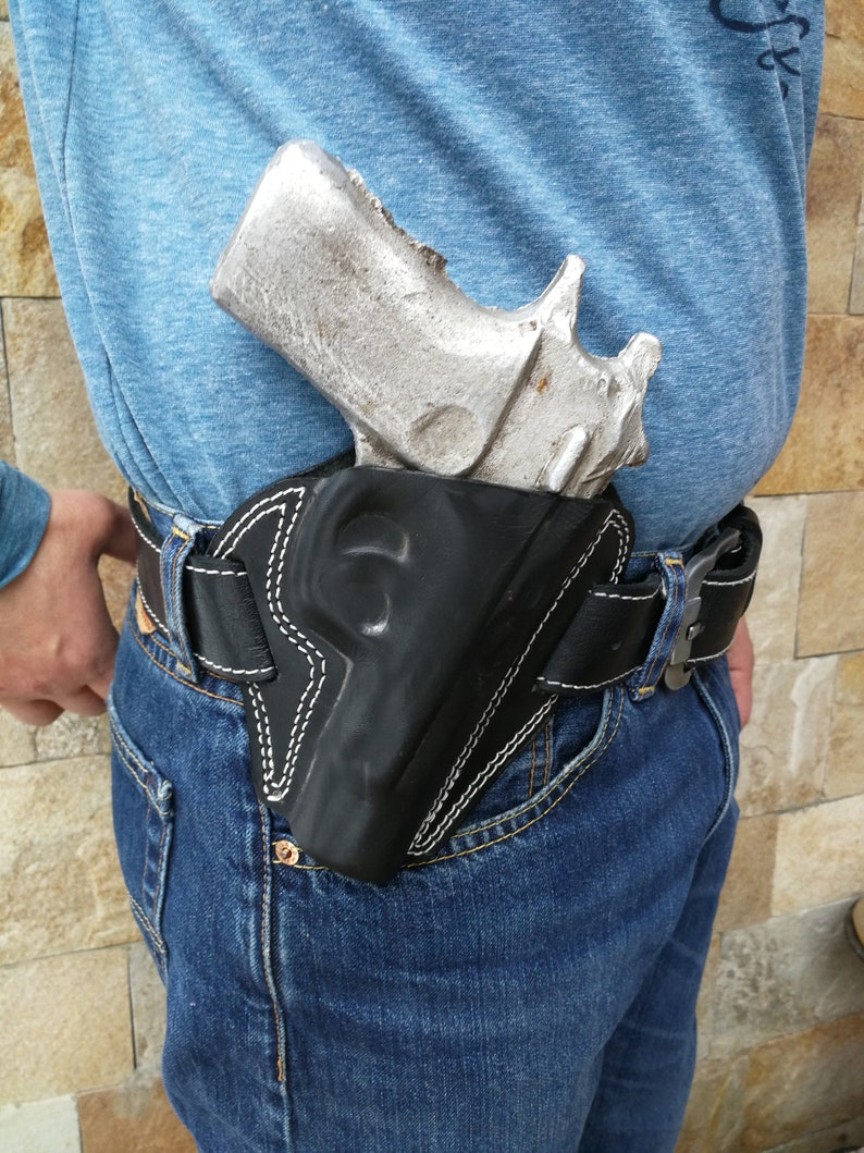 Funda CZ 75, tipo pancake de cuero negro, para diestros imagen 9