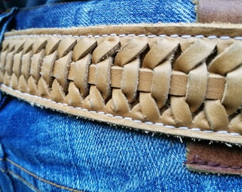 Handmade Genuine Leather belt - 1.25&quot; wide, jacketed belt, Solid Buckle, Mens Belt, Hand-Knitted Brown Leather Belt