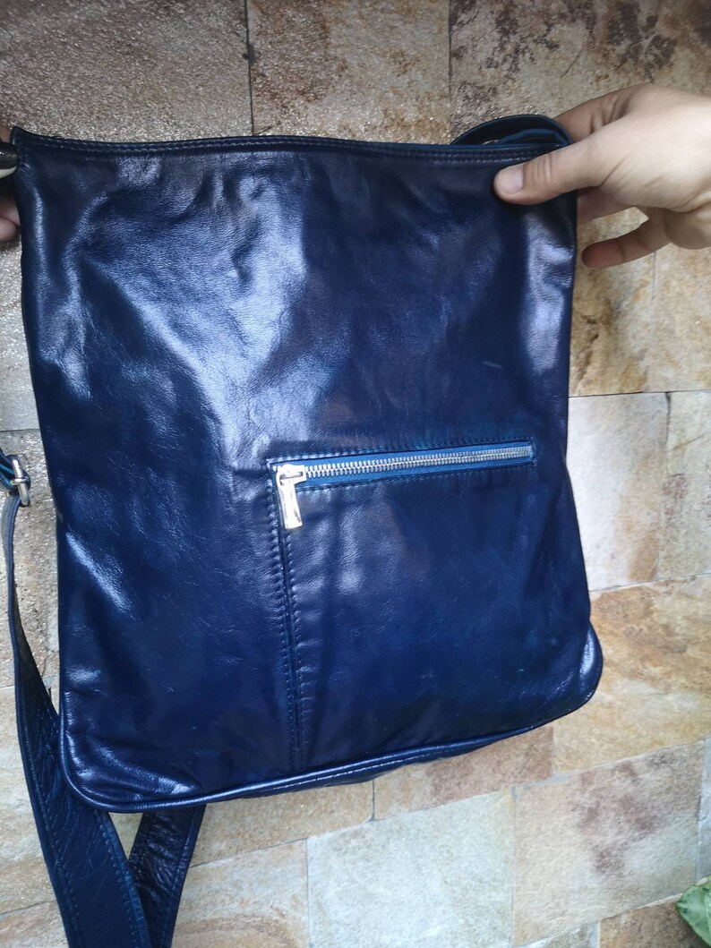 Vintage Blue Leather Bag Travel Shoulder Bag Unisex Purse Etsy UK