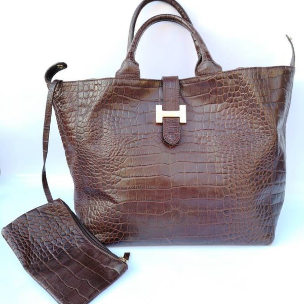 Stamped Crocodile Print Antique Leather, Genuine Italian leather Hobo Bag, Leather tote, Real Leather Purse, Crocodile bag, Vintage bag