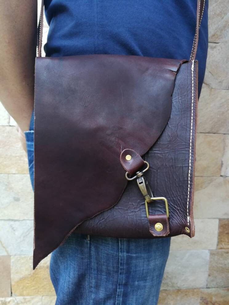 Hand Made Leather Messenger Bag Unique Brown Leather Etsy