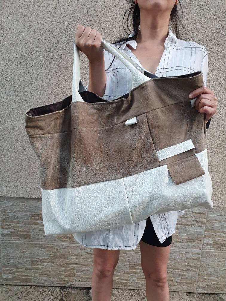 Große braune und weiße LederTasche Shopper Braune | Etsy