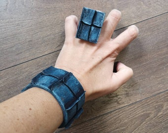 Set ot blue leather bracelet and ring, Cuff bracelet, Unique leather jewellery, blue leather cuff bracelet, wrist band, Boho bracelet