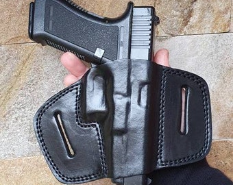 Glock 17 and 19 belt holster. Belt Slide Holster. Pancake Belt Slide. Black Leather, belt holster, Real leather