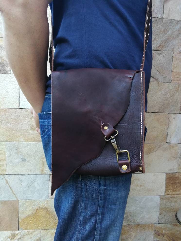 Hand Made Leather Messenger Bag Unique Brown Leather Etsy