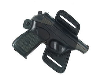 Makarov thumb break belt holster.OPEN BOTTOM Belt Slide Holster. Pancake Belt Slide. Right Hand Holster. Black Leather