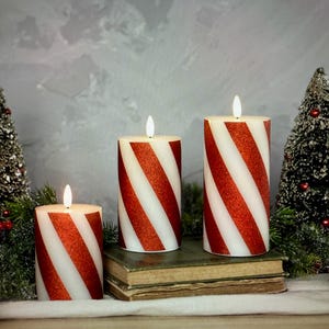 6 x 6 3D Flame Candy Cane Pillar Candle with timer