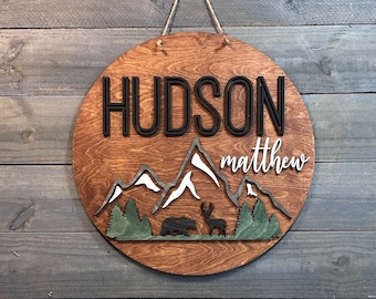 Woodland Wood Name Sign, Nursery Decor, Mountain Sign, Deer, Bear, Baby Shower Gift, Woodland Nursery Theme, Hunting, Elk, Moose