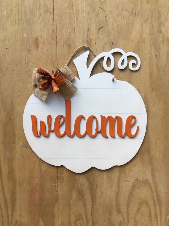 Pumpkin Welcome Sign Painted Pumpkin Door Hanger Shiplap Etsy