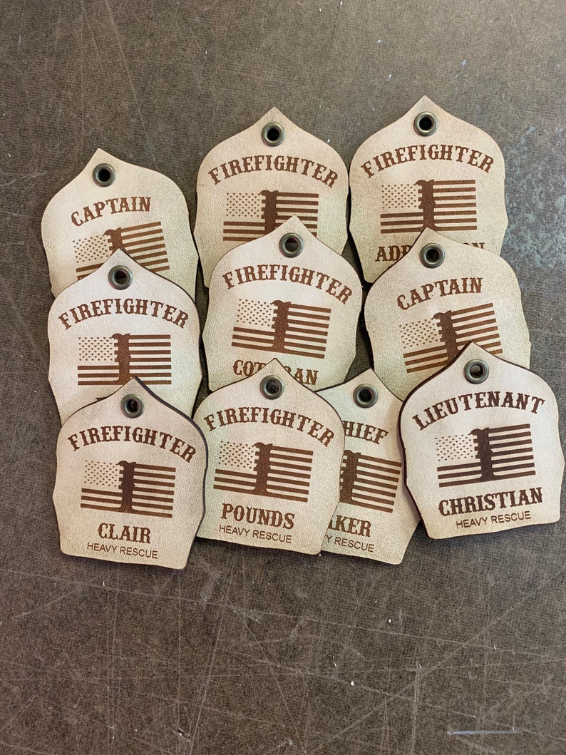 Leather Fire helmet shield Keychain. Gear tag. Fireman gift Etsy