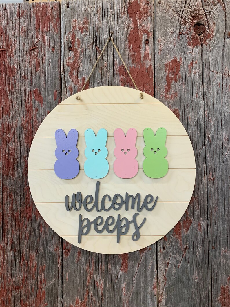 Easter Door Hanger Peeps Wooden Door Hanger Etsy