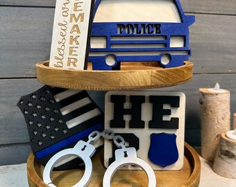 Police Tiered Tray • Police Car • Badge • Hero Sign • Handcuffs • Blessed are the Peacemakers • Wooden Police Designs • Tiered Tray • Deputy