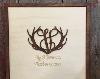 Wedding Guestbook, Wedding Sign, Wooden Guestbook, Alternative Guestbook, 3D Wooden Wedding Sign, Antlers, Personalized, The Hunt is Over