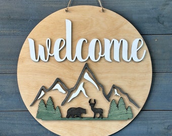 Mountain Door Hanger, Cabin, Wooden Door Hanger, Bear Decor, Deer Decor, Welcome Door Hanger