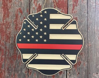 Firefighter Maltese American Flag - Wooden Door Hanger - Firefighter Office Decor - Station Flag - First Responder - Public Safety - Station