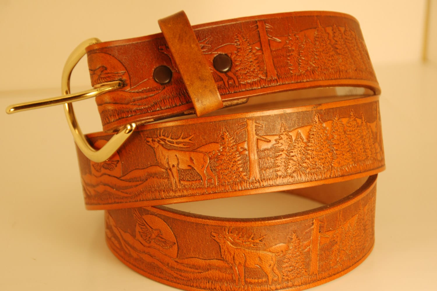 Leather Belt Embossed Wildlife Bear Eagle Elk Etsy