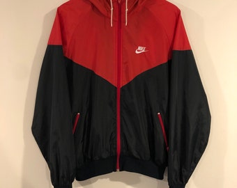 Vintage Nike Windbreaker Bred Size Large L Black / Red 90s 1990s Nylon V Running Basketball Jacket Coat Hoodie Hooded Sweatshirt YKK Zipper
