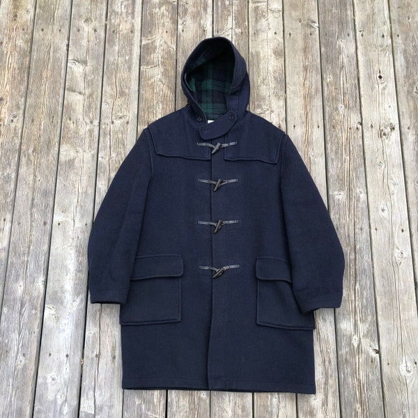 Vintage GLOVERALL Duffle Coat Size EUR 56 Us 46 L Large Navy Wool Black Toggles Made in UK United Kingdom Overcoat Winter Jacket Plaid