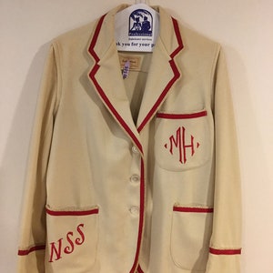 Blazer de lã vintage dos anos 1950, jaqueta feminina, escola secundária do norte, Toronto, branco, vermelho, antigo, raro, tamanho pequeno, S, anos 50, faculdade, universidade