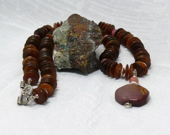 African Inspired Jewelry, Shades of Brown Horn Bead Necklace, Unusual Gift for Her, Long Chunky Necklace, Jasper Pendant Jewelry for Women