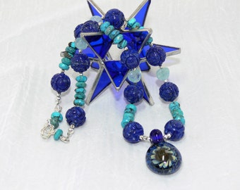 Dark Blue Necklace Set, Turquoise Jewerly, December Birthstone Jewelry Set for Women, Flower Image Lampwork Pendant, Top Gift for Women