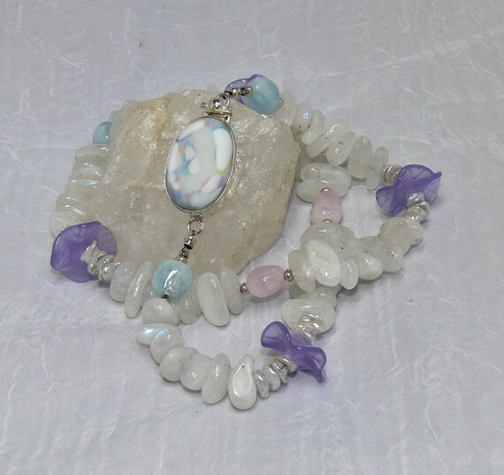 Moonstone Necklace Jewelry Set, White Homemade Jewelry for Women, Purple Flower Image Jewelry, Unusual Gift for Her, Vintage Glass Clasp