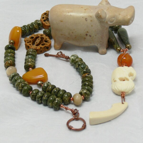 Long African Influenced Jasper Necklace, Elephant, Copper Wire Wrap, Greens, Tans, 24 one half inches, Casual or Office Wear