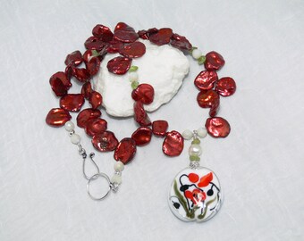 Flower Image Lamp-work Focal Bead with Red Keshi Pearls make a dramatic gift