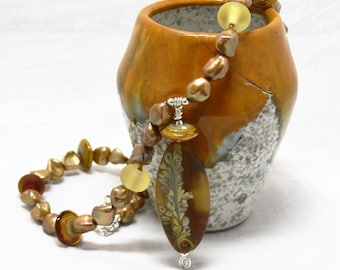 Flower Image Jewelry, Pearl June Birthstone Necklace for Women, Lampwork Glass Bead Jewelry, Shades of Brown, Unique Birthday Gift for Her
