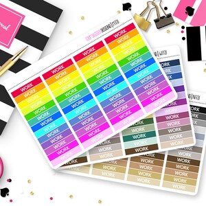 May include: A set of colorful planner stickers with the word "WORK" printed on each sticker. The stickers are arranged in rows and columns on a white background.